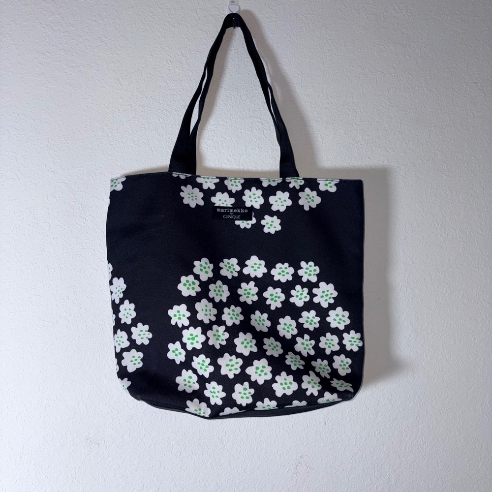 Marimekko for Clinique Tote Bag OS Black Floral Excellent Canvas Shopper Handbag